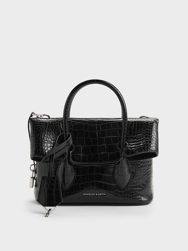Aveline Croc-Effect Front-Flap Crossbody Bag, Black Croco, hi-res