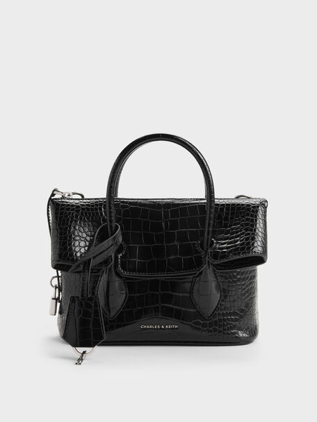 Aveline Croc-Effect Front-Flap Crossbody Bag, Black Croco, hi-res