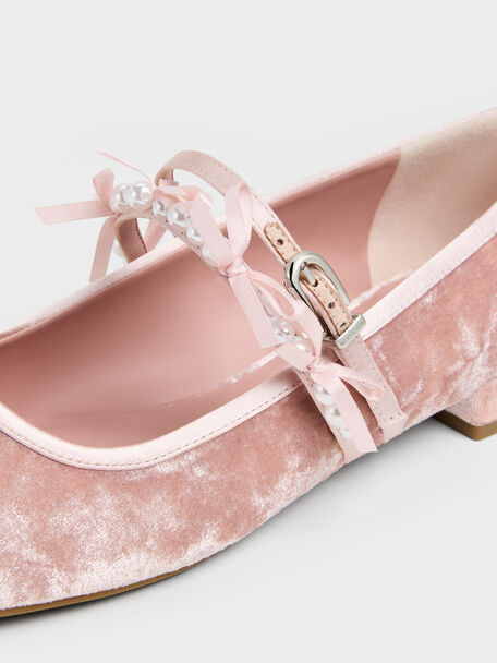 Noelie Velvet & Satin Pearl-Bow Mary Janes, Pink, hi-res