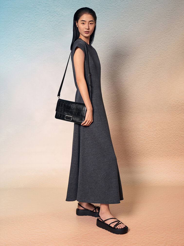 Liv Croc-Effect Grommet Chain-Handle Shoulder Bag, Noir, hi-res