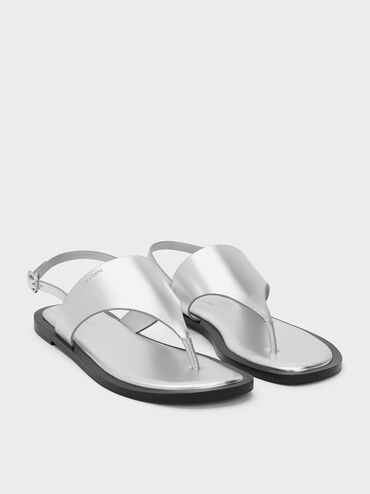 Metallic V-Strap Slingback Thong Sandals, Silver, hi-res