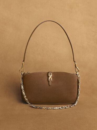 Adalyn Recycled Suede Metallic-Buckle Chain-Handle Shoulder Bag, Mocha Brown, hi-res