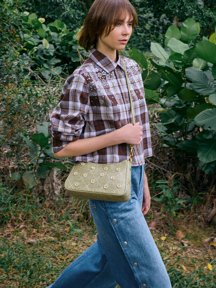 Philomena Raffia Flower Crossbody Bag, Pale Olive, hi-res