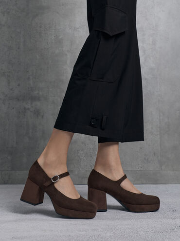 Faux Suede Platform Mary Jane Pumps, Dark Brown Textured, hi-res