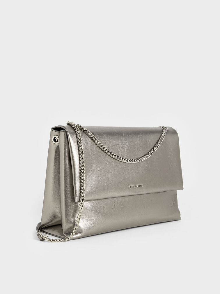 Sianna Metallic Crinkle-Effect Chain-Handle Shoulder Bag, Pewter, hi-res