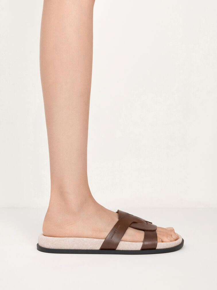 Fannie Linen Interwoven Cut-Out Slide Sandals, Dark Brown, hi-res