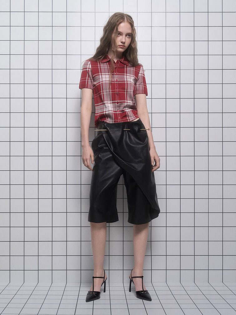 Leather T-Bar Pointed-Toe Pumps, Black Box, hi-res