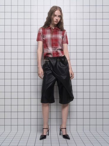 Leather T-Bar Pointed-Toe Pumps, Black Box, hi-res