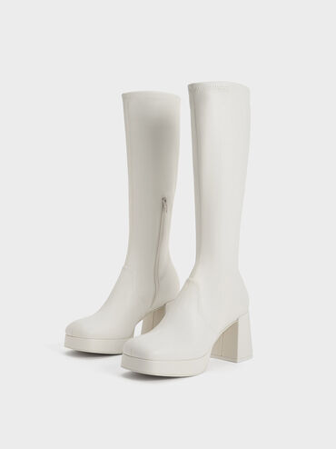 Evie Platform Block-Heel Knee-High Boots, White, hi-res