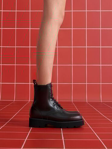 Ridged-Sole Lace-Up Combat Boots, Burgundy, hi-res
