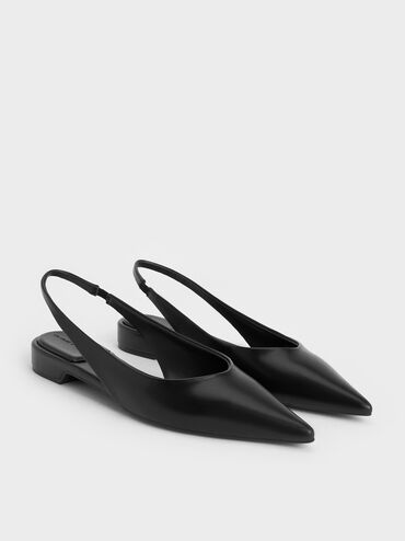 Pointed-Toe High-Vamp Slingback Flats, Black, hi-res