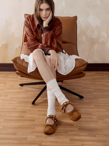 Gael Faux Suede Studded Crossover-Strap Bow Mary Janes, Brown, hi-res