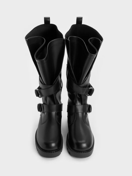 Double-Strap Knee-High Boots, Black, hi-res