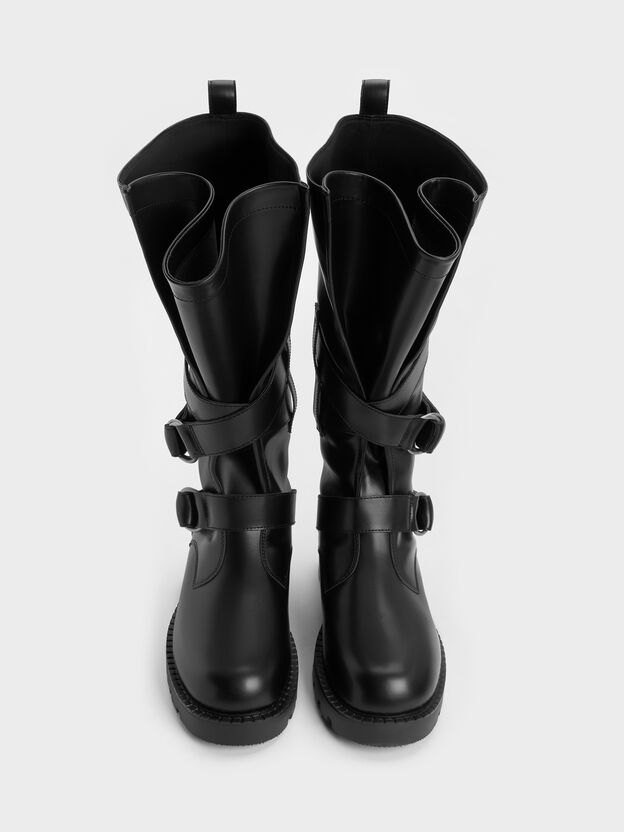 Double-Strap Knee-High Boots, Black, hi-res