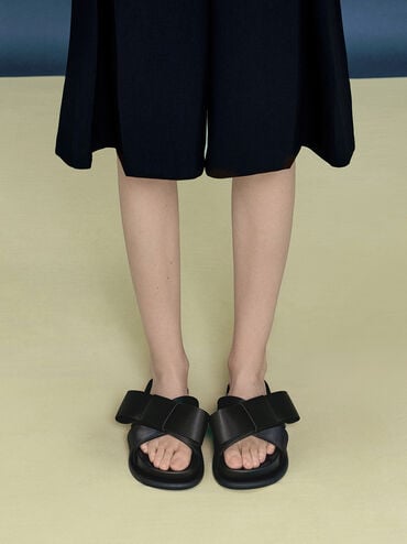 Satin Bow Flatform Sandals, Black Textured, hi-res