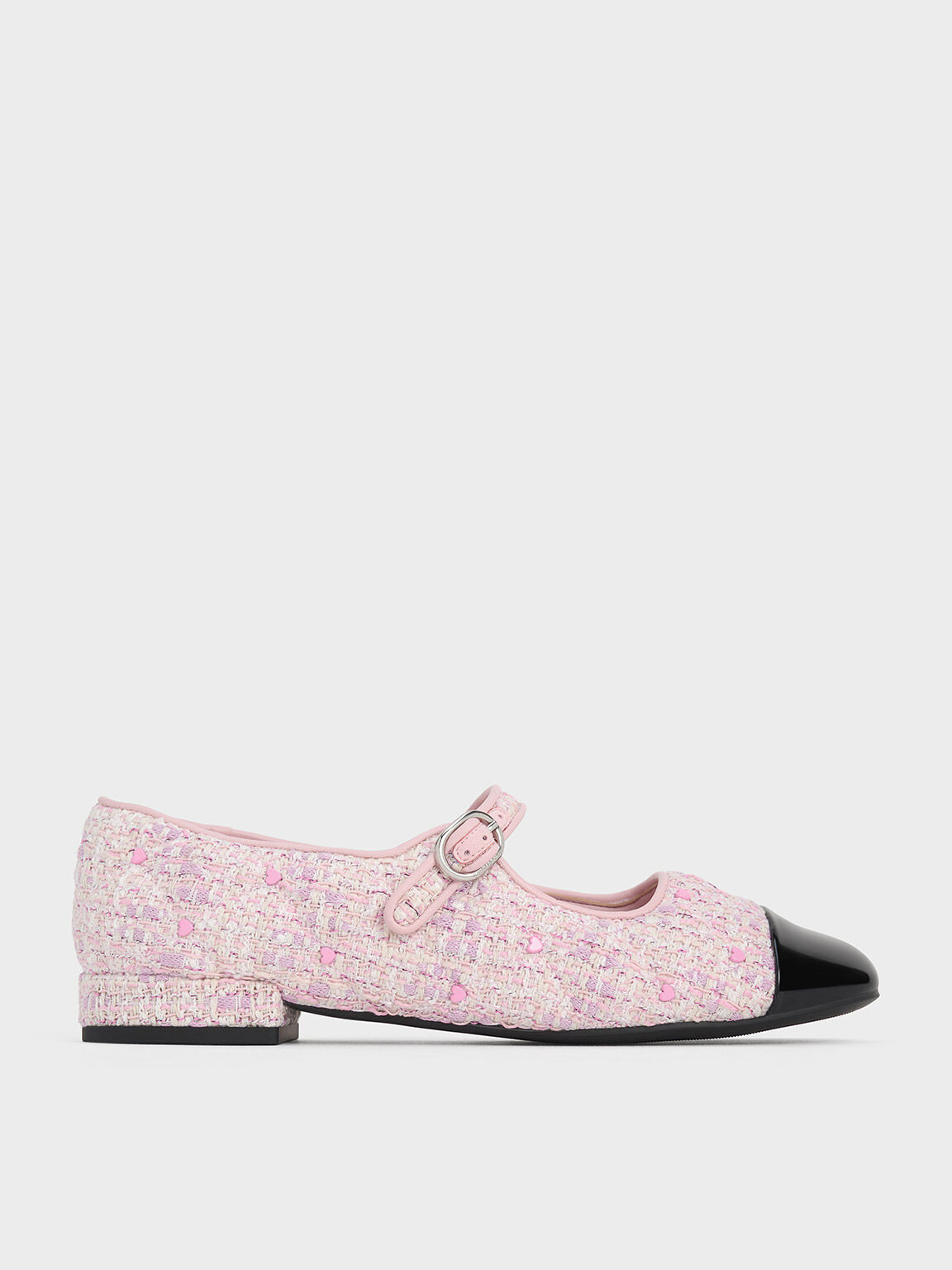 Pink Dahlia Tweed Heart-Print Mary Janes - CHARLES & KEITH UK
