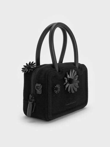 Perline Boxy Top Handle Bag With Floral Appliques, Jet Black, hi-res