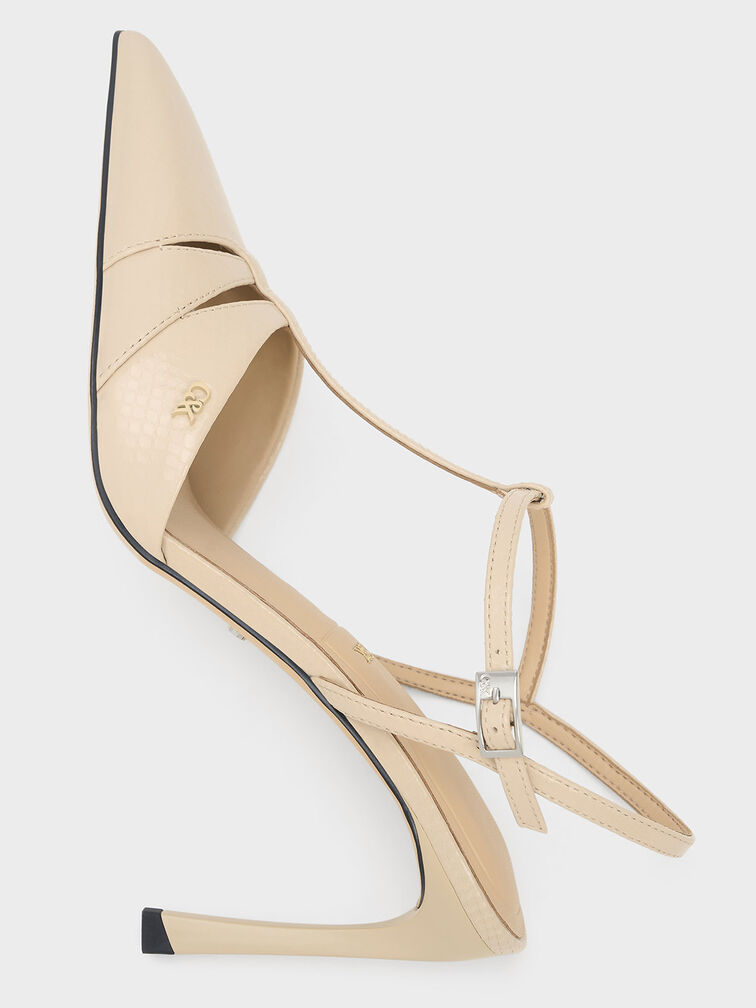 Leather Snake-Print T-Bar Pointed-Toe Pumps, Animal Print Sand, hi-res