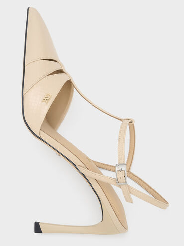 Leather Snake-Print T-Bar Pointed-Toe Pumps, Animal Print Sand, hi-res