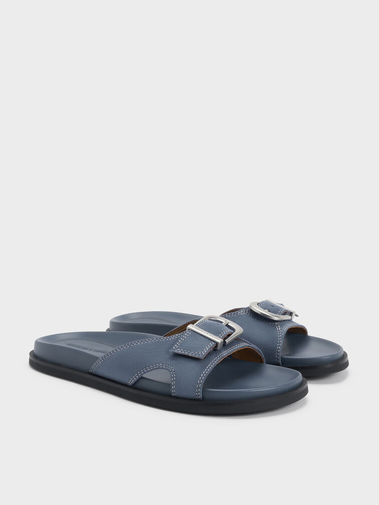 Faux Suede Stitch-Trim Buckled Slides, Blue, hi-res