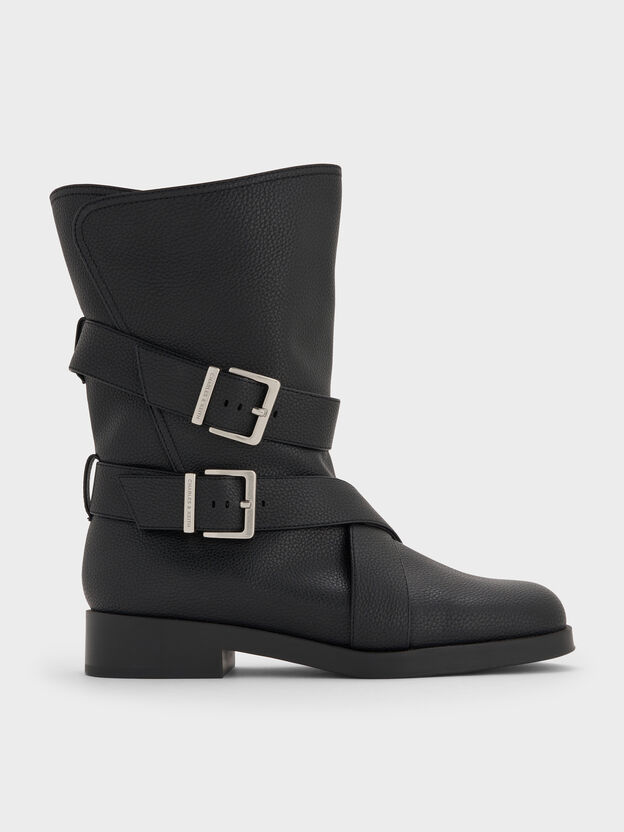 Brett Buckle-Strap Calf Boots, Black, hi-res