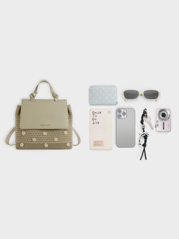 Girls' Ida Flower Knitted Backpack, Pale Olive, hi-res