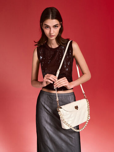 Fawn Panelled Front Flap Chain-Handle Bag, Cream, hi-res