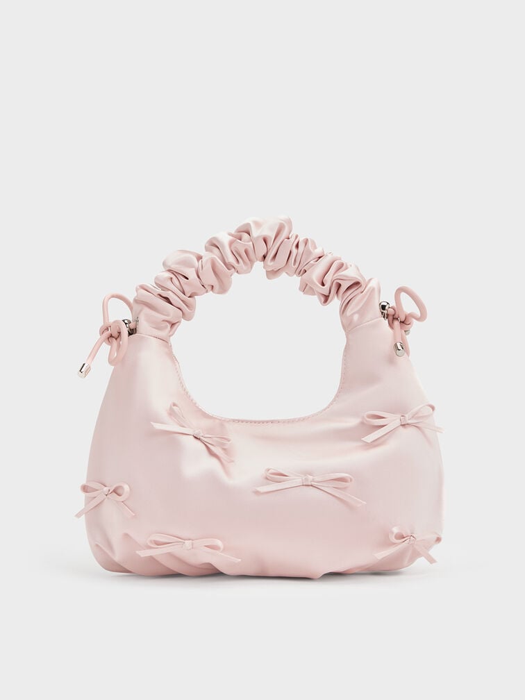 Satin Bow Ruched-Handle Bag, Baby Pink, hi-res