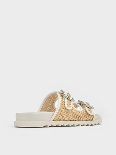 Raffia Gem-Buckle Double-Strap Sandals, Sand, hi-res