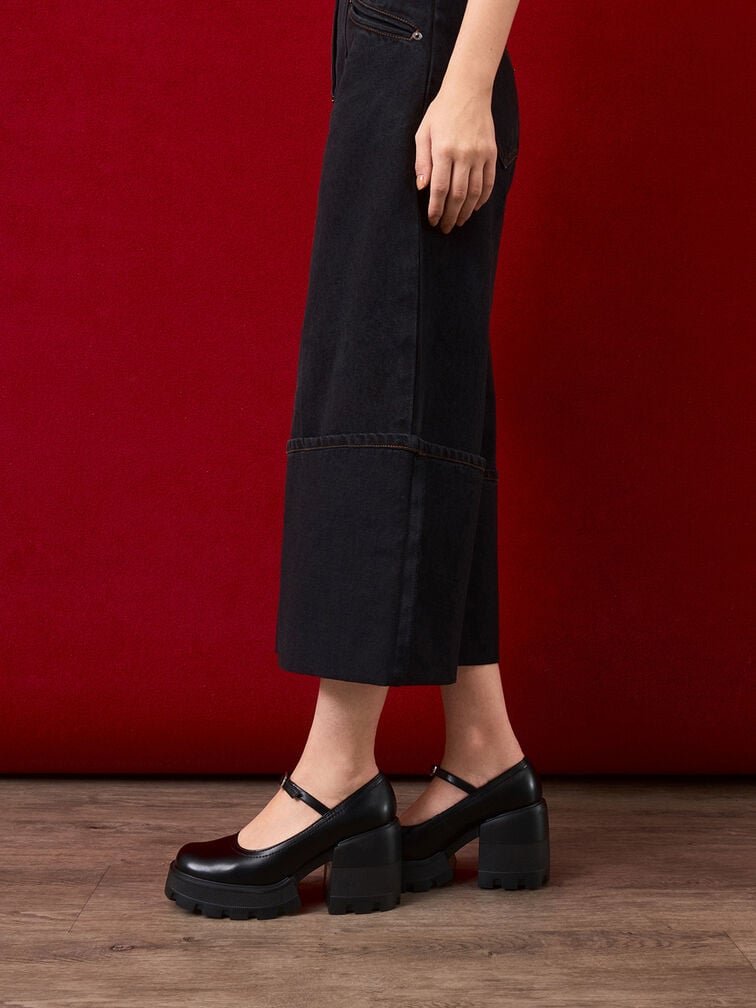 Buckled Platform Mary Janes, Black, hi-res