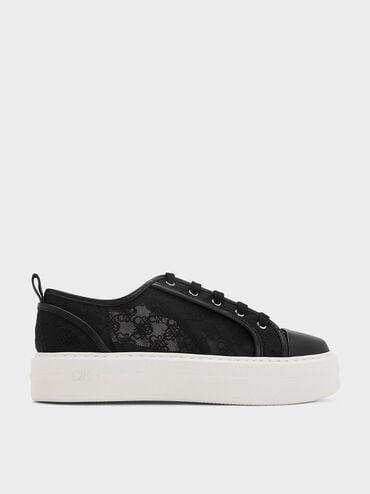 Mesh Flatform Sneakers, Black Textured, hi-res