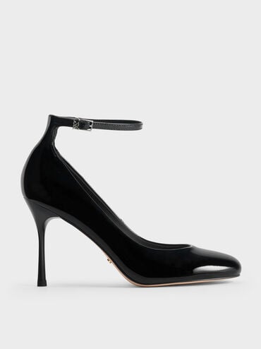 Aretha Patent Leather Ankle-Strap Stiletto-Heel Pumps, Black Patent, hi-res