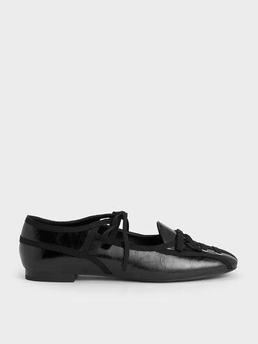 Crinkle-Effect Lace-Up Bow Ballet Flats, Black, hi-res