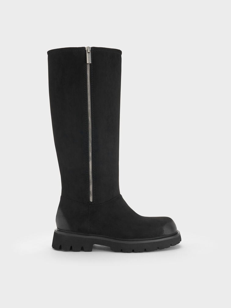 Rosamond Faux Suede Side-Zip Ridged-Sole Knee-High Boots, Black Textured, hi-res