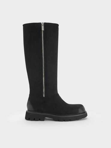 Rosamond Faux Suede Side-Zip Ridged-Sole Knee-High Boots, Black Textured, hi-res