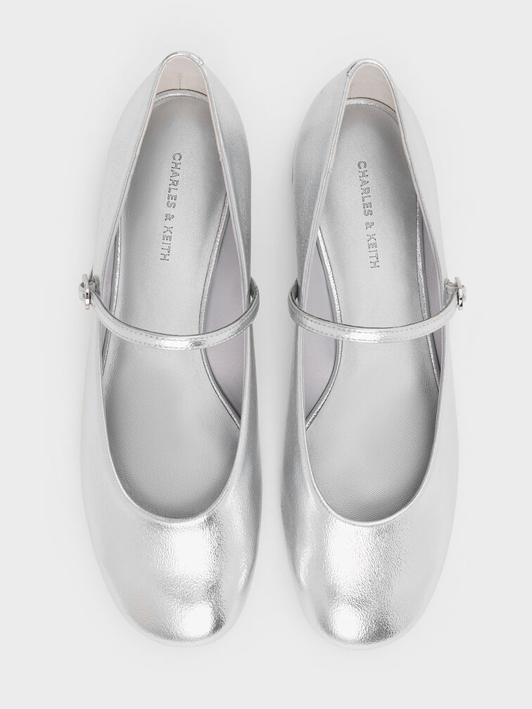 Gertrude Metallic Round-Toe Mary Janes, Silver, hi-res