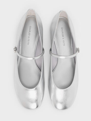 Gertrude Metallic Round-Toe Mary Janes, Silver, hi-res
