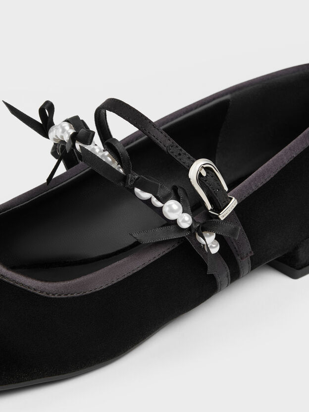 Noelie Velvet & Satin Pearl-Bow Mary Janes, Black Textured, hi-res