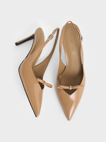 Patent Bow Slingback Pumps, Caramel, hi-res