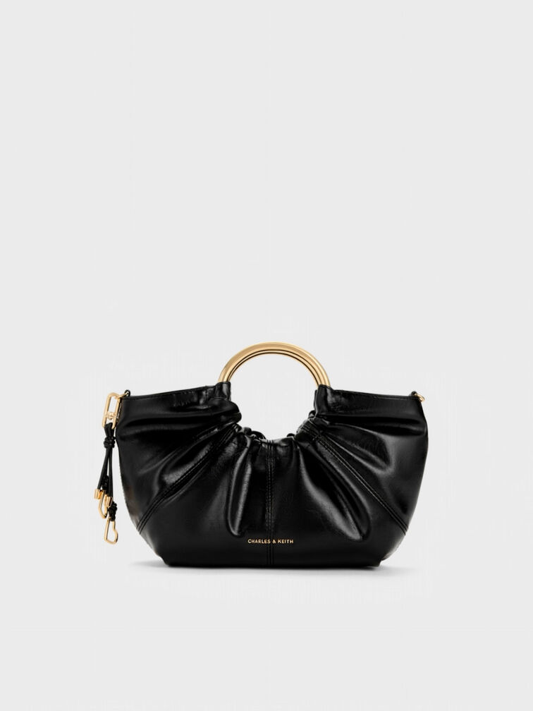 Ciara Ruched Metal Top Handle Bag, Black, hi-res