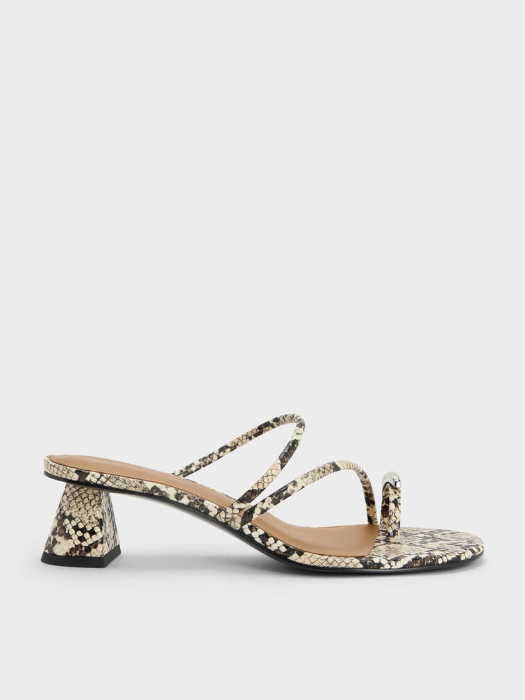 Snake-Print Strappy Toe-Ring Heeled Sandals, Animal Print Natural, hi-res