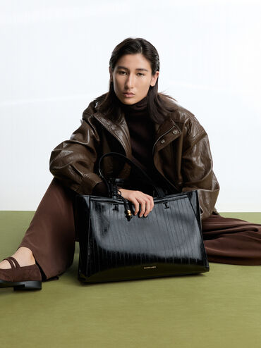 Augustine Eel-Effect Sculptural-Detail Tote Bag, Black, hi-res