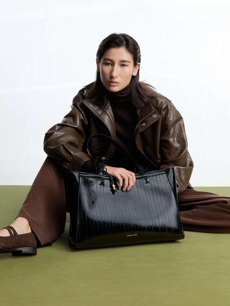 Augustine Eel-Effect Sculptural-Detail Tote Bag, Black, hi-res