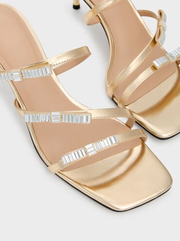 Jessy Leather Gem-Bow Heeled Sandals, Gold, hi-res