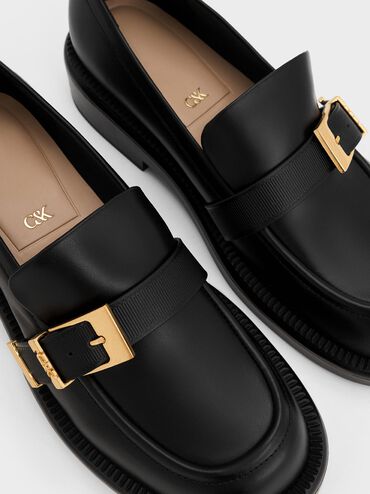 Leather Buckled-Strap Loafers, Black, hi-res