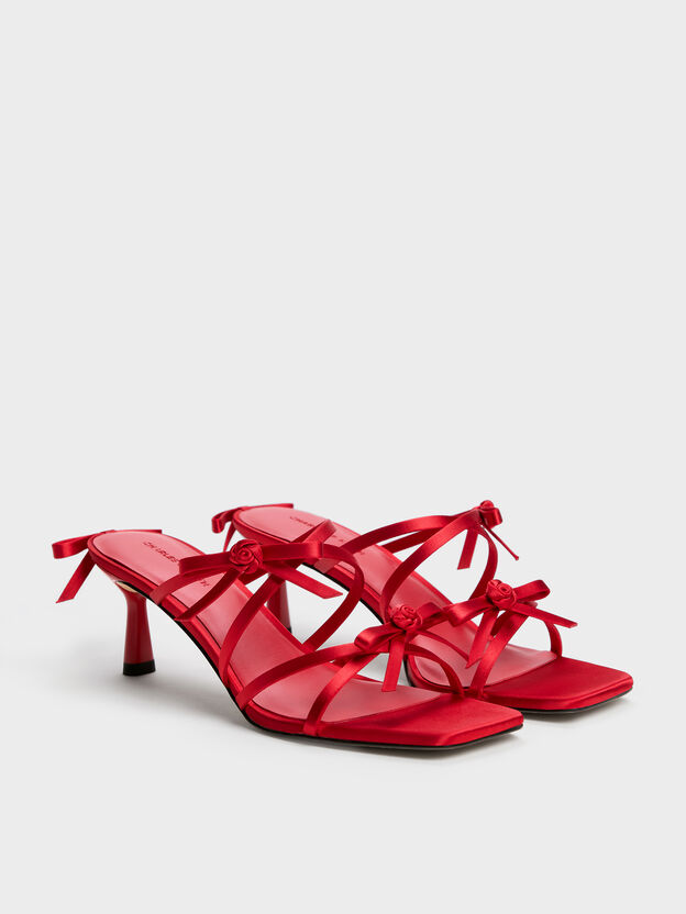 Kelis Rose-Bow Strappy Heeled Mules, Red, hi-res