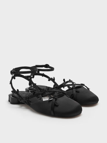 Floral-Vine Ankle-Strap Flats, Black Textured, hi-res