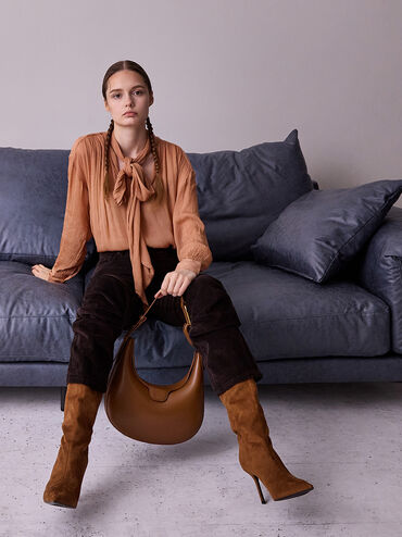 Kora Metallic-Accent Moon Bag, Chocolate, hi-res