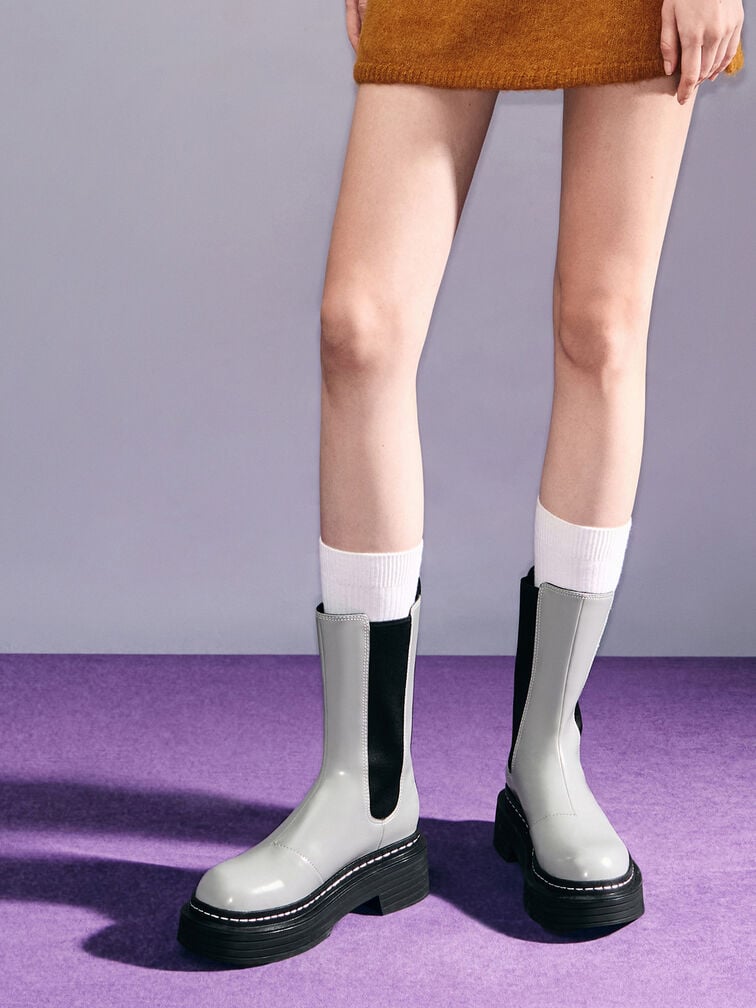 Stitch-Trim Platform Mid-Calf Chelsea Boots, Grey, hi-res