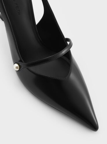 Helena Pearl-Buckle Pointed-Toe Slingback Pumps, Black Box, hi-res